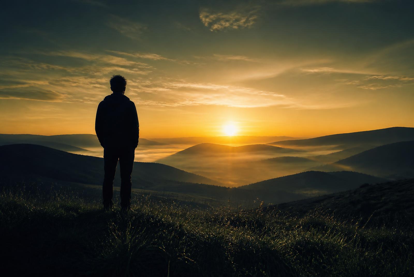 Amanhecer tranquilo sobre um campo verde