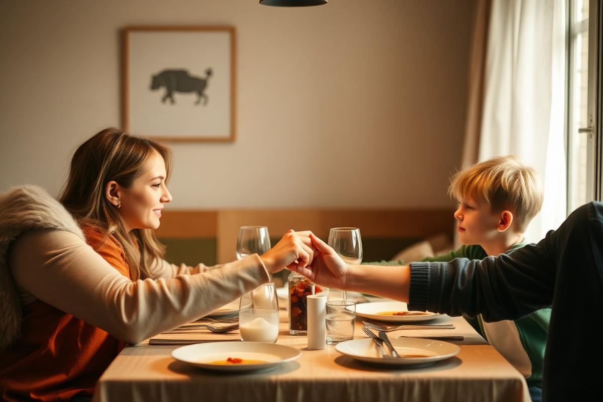 Família de mãos dadas ao redor da mesa em oração