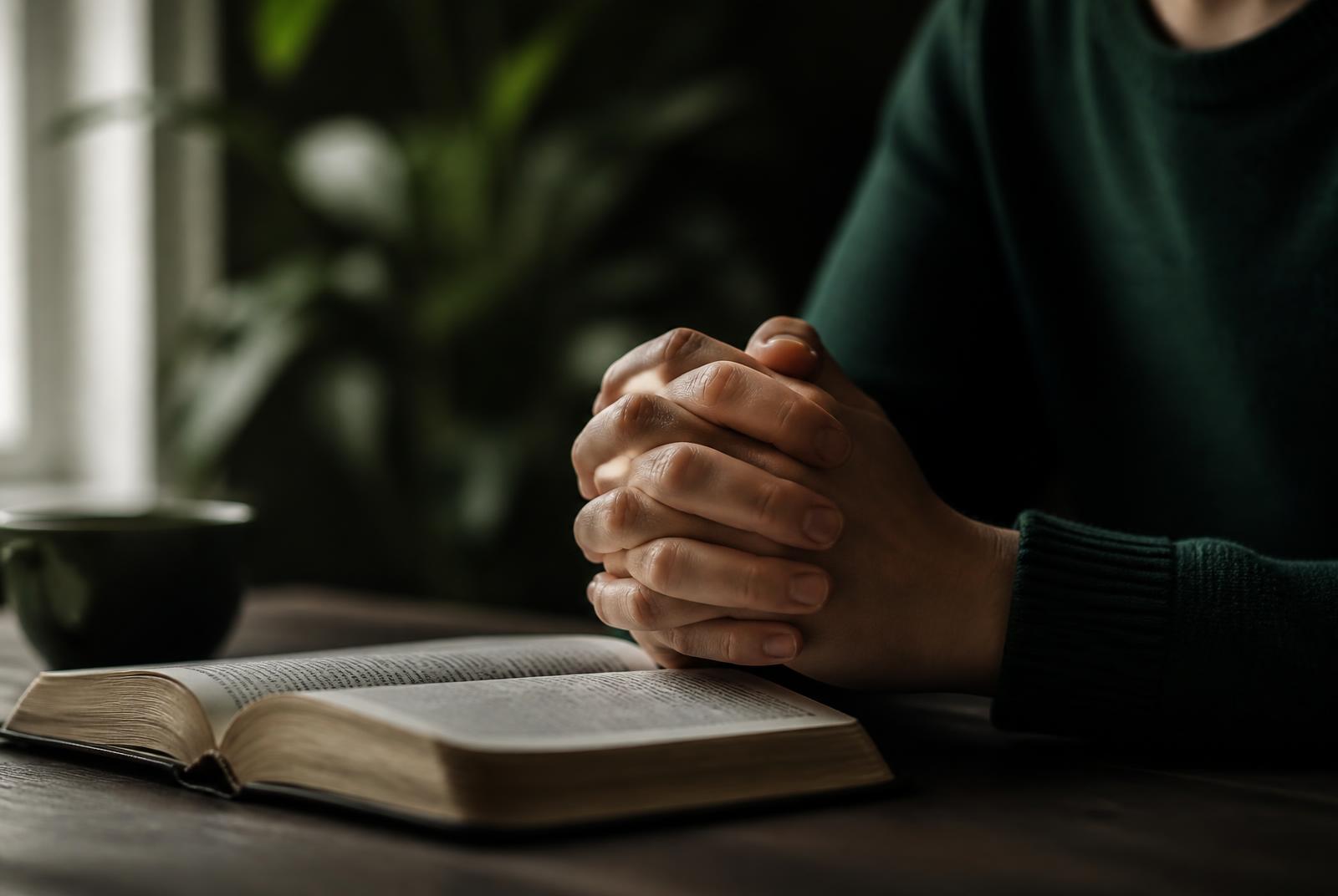 Mãos unidas em oração sobre uma mesa clara